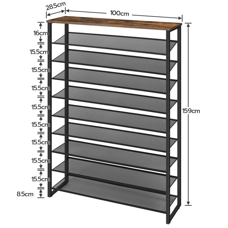 HOOBRO Schuhregal mit 10 Ebenen, 100cm Schuhschrank hoch, Schuhablage schmal, Schuhaufbewahrung, Metall, für 40-50 Paar Schuhe, Platz Sparen, für Flur, Wohnzimmer