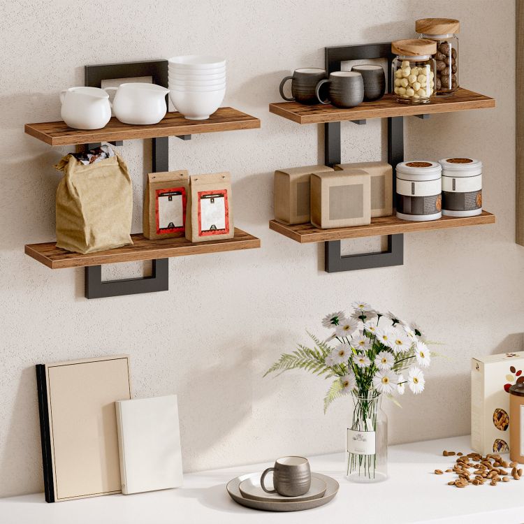 HOOBRO Floating Shelves, Wall Shelves Set of 2, Wall Mounted Storage Shelves 2-Tier, Wall Display Racks, Hanging Bathroom Shelves, for Kitchen, Living Room