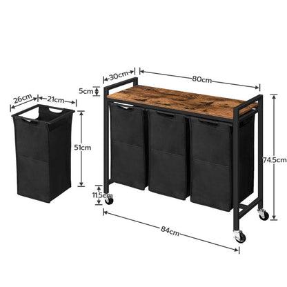 HOOBRO Wäschekorb 3 Fächer, Wäschesammler mit Ablage, Wäschebox, Wäschewagen, 3 x 39,8 L, Wäschesack aus Oxford-Gewebe