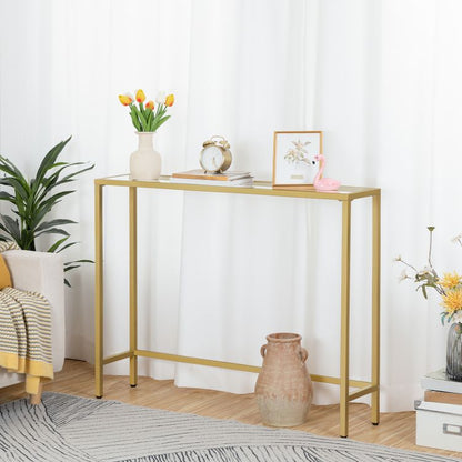 HOOBRO Konsolentisch Gold Flurtisch Gehärtetes Glas Sofatisch Schlank Eingangstisch Modern Konsole Sofatisch Metallgestell 100x22x80cm Beistelltisch für Wohnzimmer