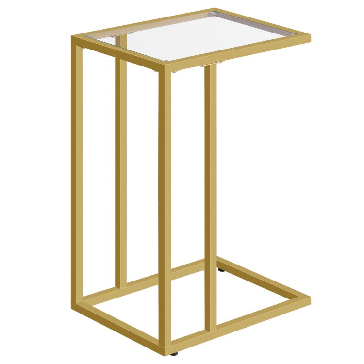 HOOBRO C-Form Beistelltisch, Goldglas Sofatisch mit Metallrahmen Couchtisch Nachttisch, Mobiler Kaffeetisch für Kleine Räume, Glastisch Wohnzimmer