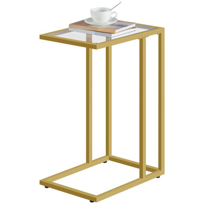 HOOBRO C-Form Beistelltisch, Goldglas Sofatisch mit Metallrahmen Couchtisch Nachttisch, Mobiler Kaffeetisch für Kleine Räume, Glastisch Wohnzimmer